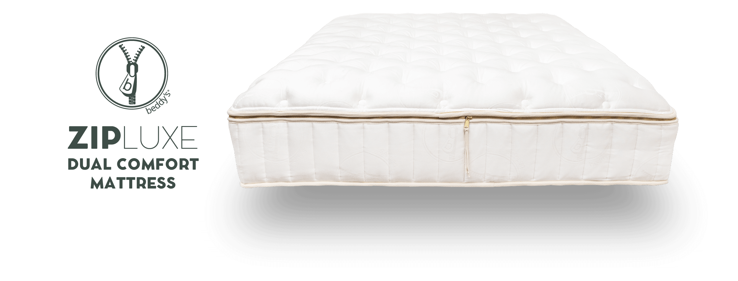 The Beddy's ZipLuxe Mattress over a transparent background with the Beddy's logo next to it.