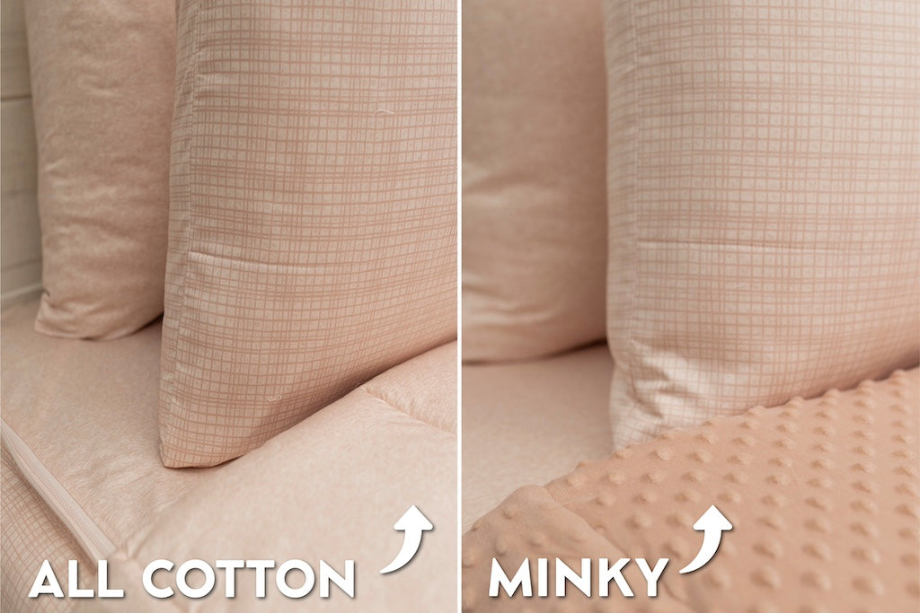Soft peach sketched bedding with minky and cotton interiors