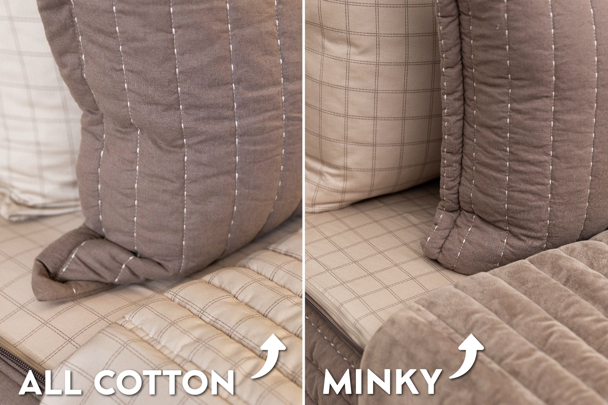 An infogrpahic detailing the different lining options on Beddy's zipper bedding, minky or cotton