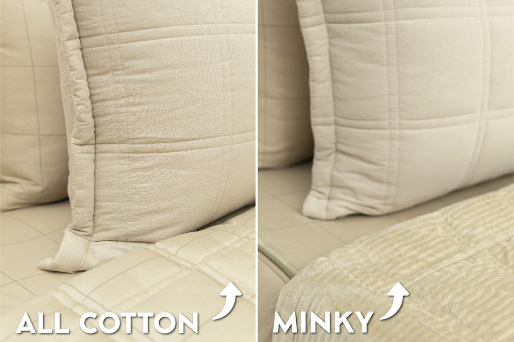 An infographic explaining the different lining options for a zipper bedding set, cotton or minky.