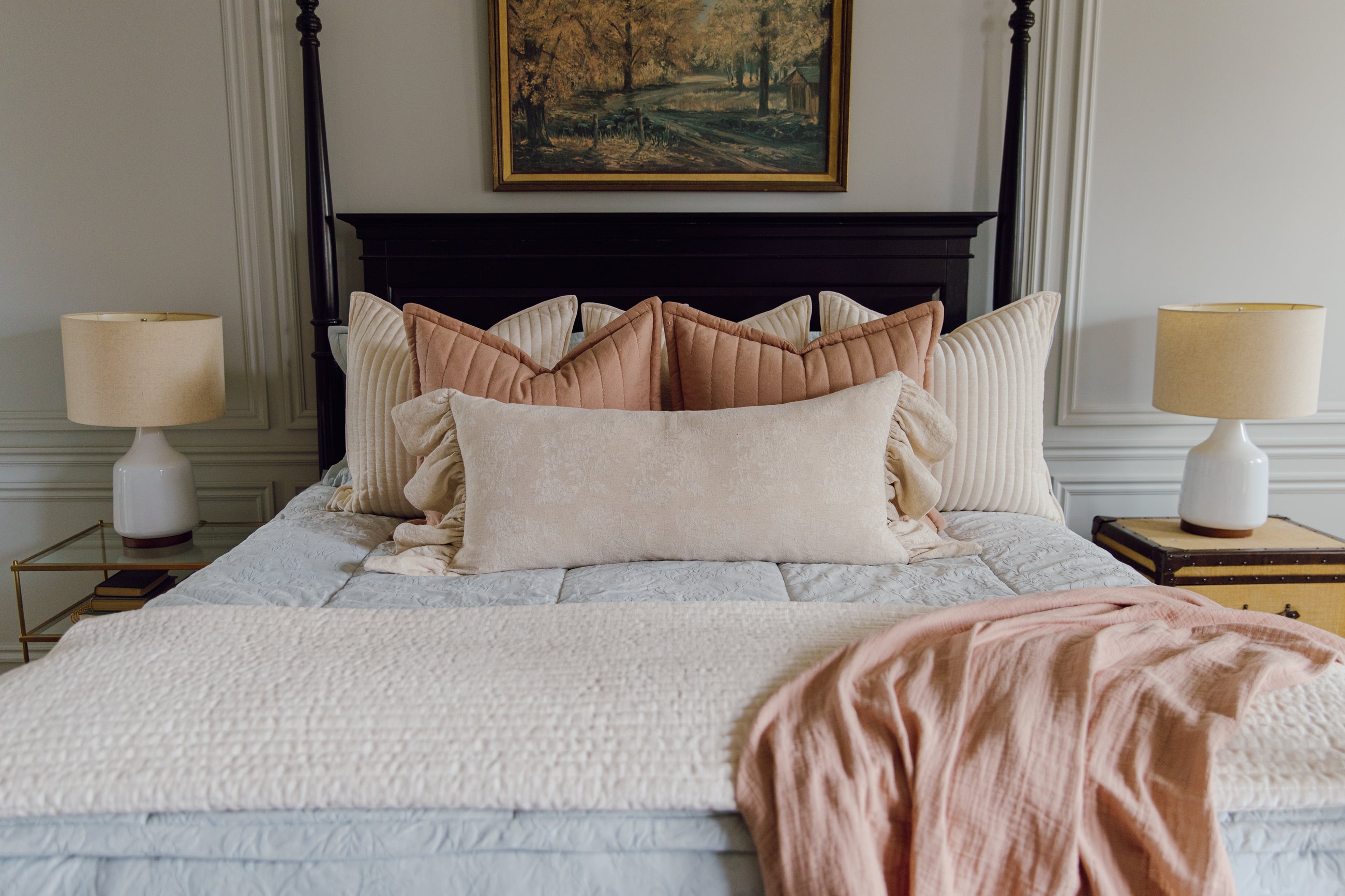 Light blue floral embossed zipper bedding with cream and terracotta accessories