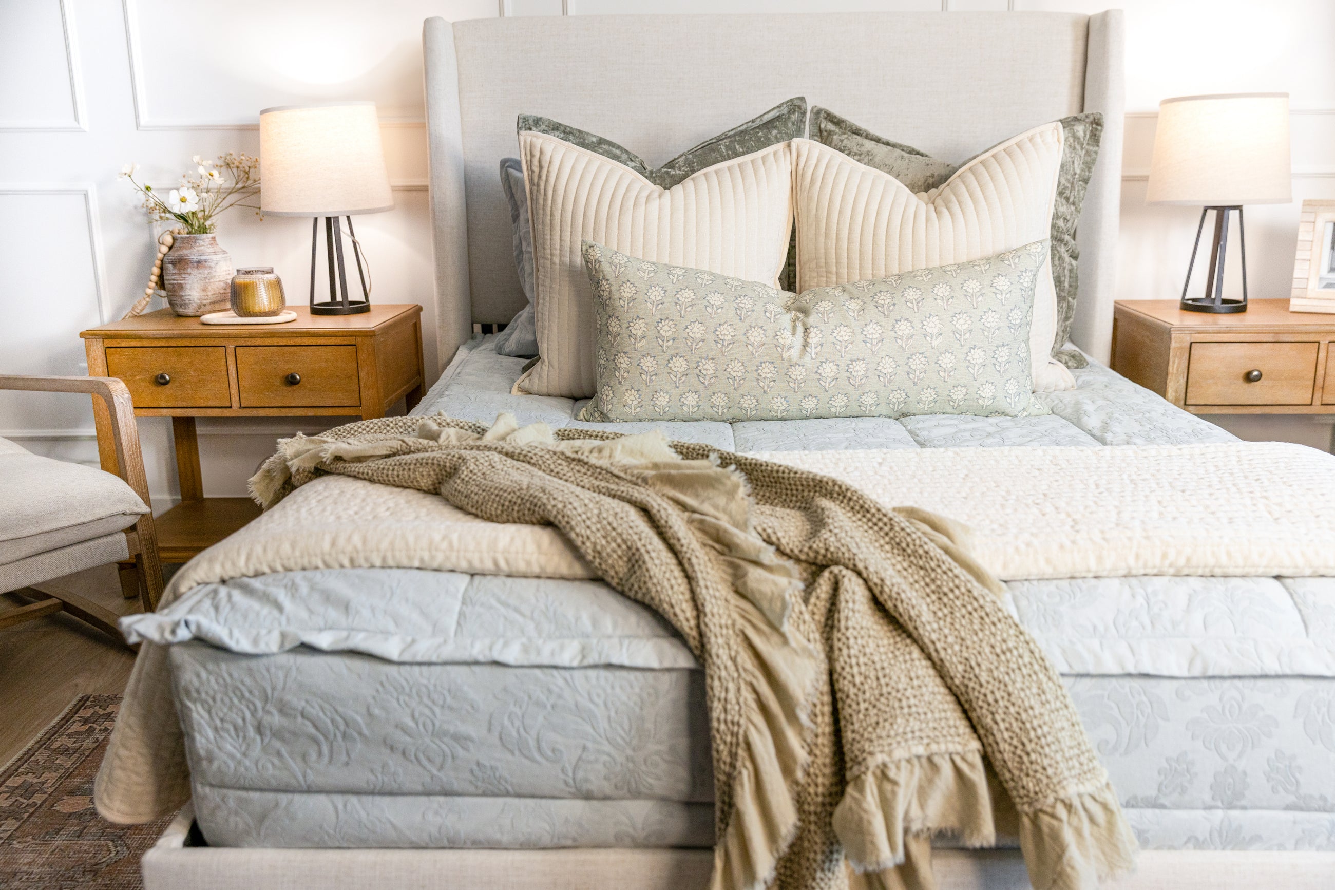 Blue floral embossed zipper bedding with cream and green accessories