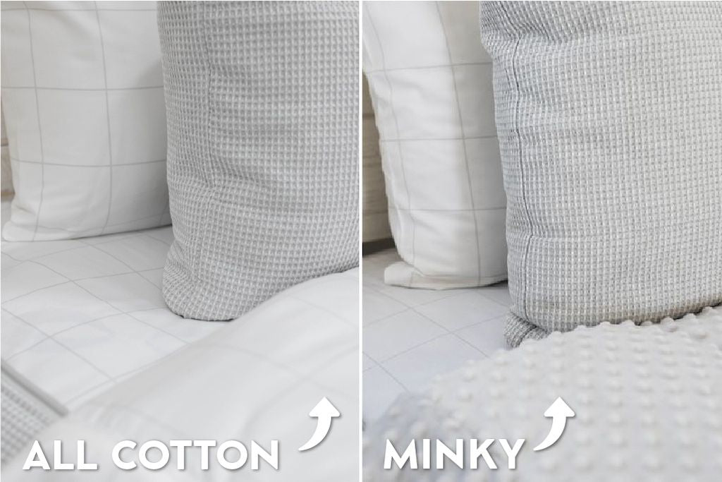 An infographic showing the options for cotton lining or minky lining in your zipper bedding set.