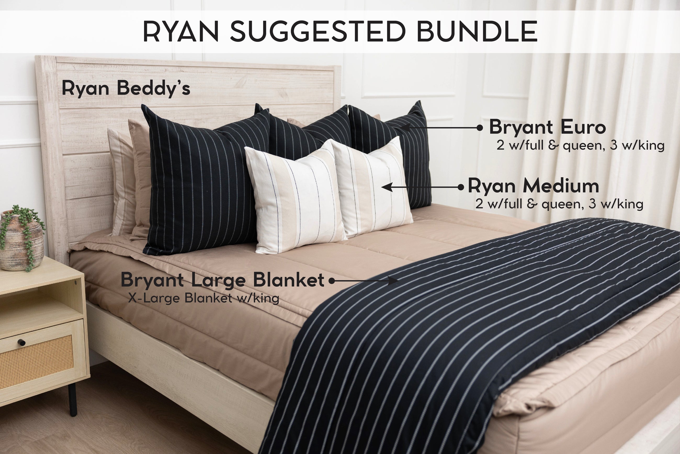 Infographic explaining the suggested items for the Ryan bundle with tan zipper bedding