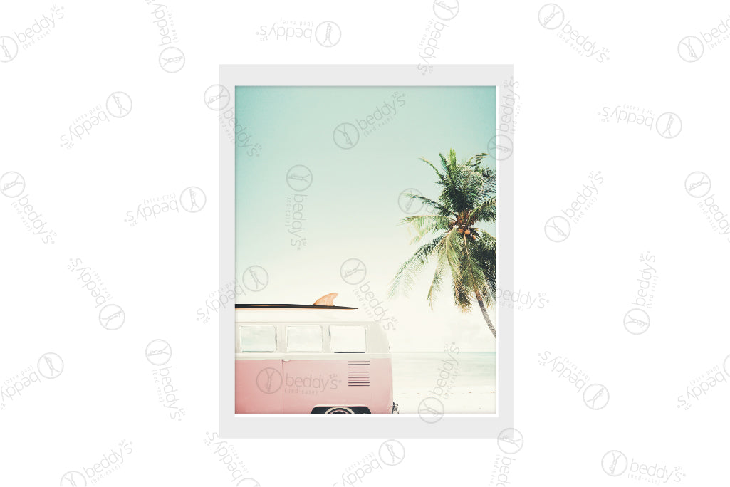 A pink van with a surfboard on top of it and a palm tree in the background digital artwork showcased in a frame.