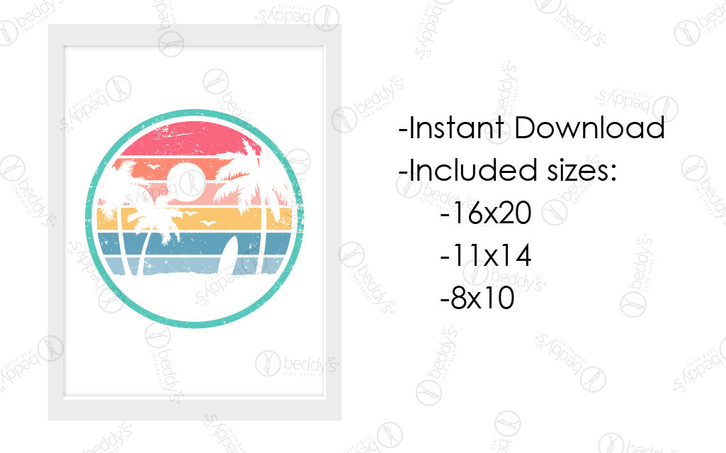 An infographic explaining the colorful beach scenery digital artwork size dimensions and that it's an instant download.