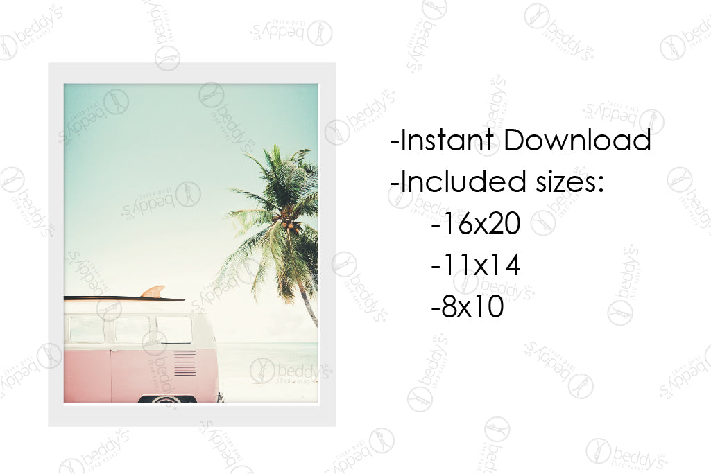 An infographic explaining the pink van with a surfboard on top of it and a palm tree in the background  digital artwork size dimensions and that it's an instant download.