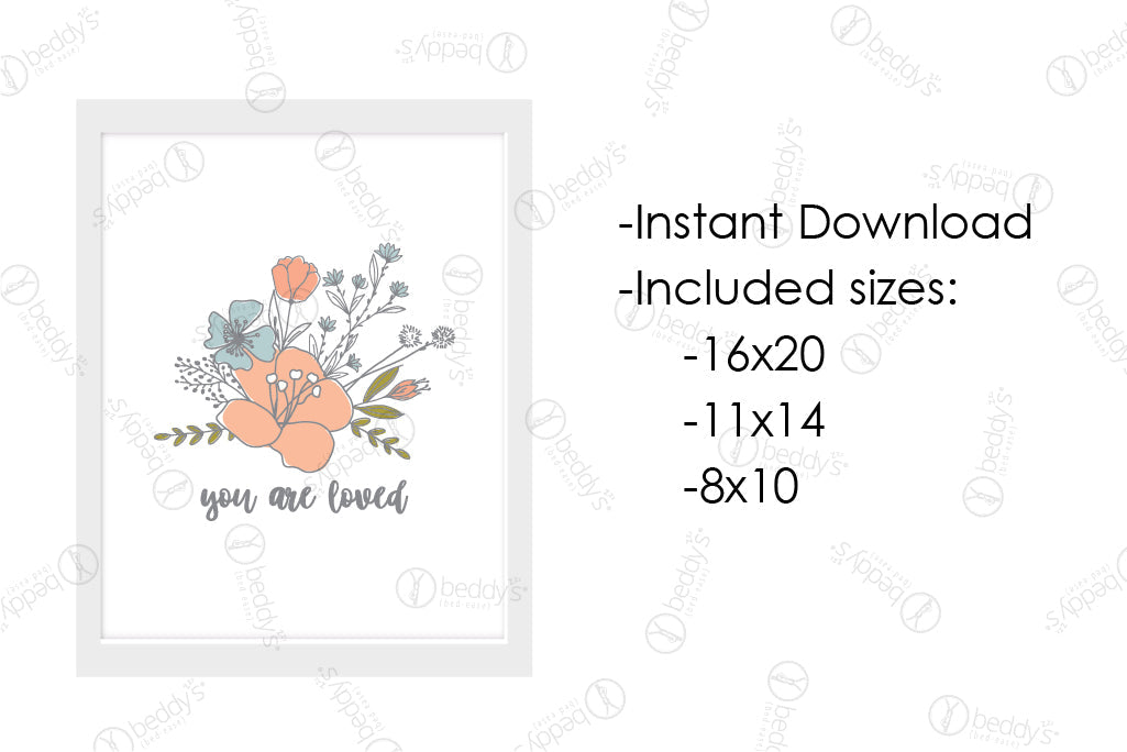 An infographic explaining the floral arrangement digital artwork size dimensions and that its an instant download.