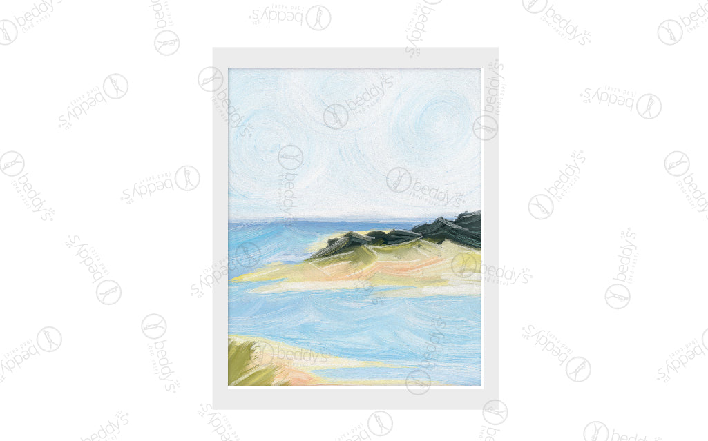 A Lake Michigan landscape with water and green hills digital artwork showcased in a frame.
