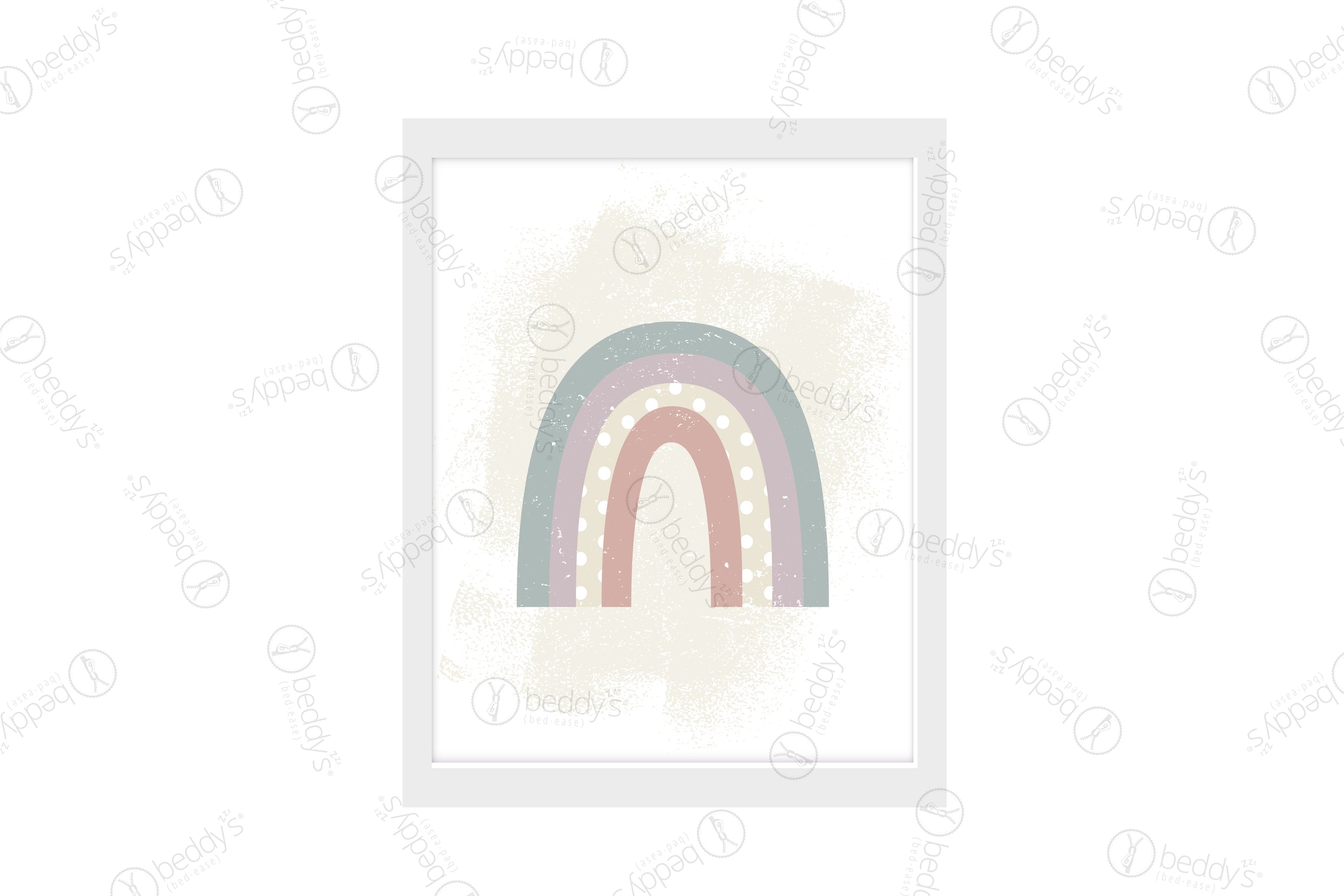 A pastel large rainbow digital artwork showcased in a frame.