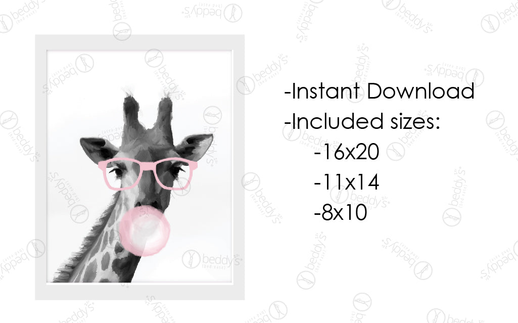 An infographic explaining the giraffe and bubble gum digital artwork size dimensions and that it's an instant download.