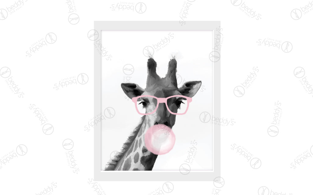 A gray giraffe that has pink glasses and blowing pink bubble gum digital artwork showcased in a frame.