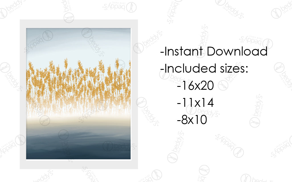 An infographic explaining the field of wheat digital artwork size dimensions and that it's an instant download.