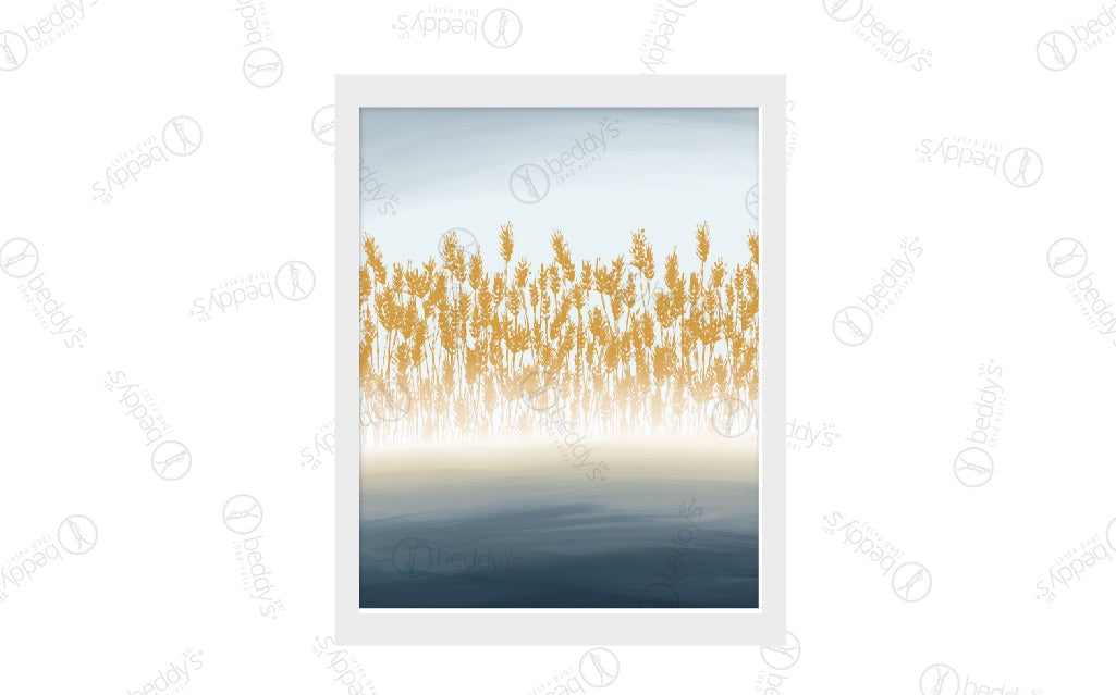 A field of wheat with a blue ombre background digital artwork showcased in a frame.