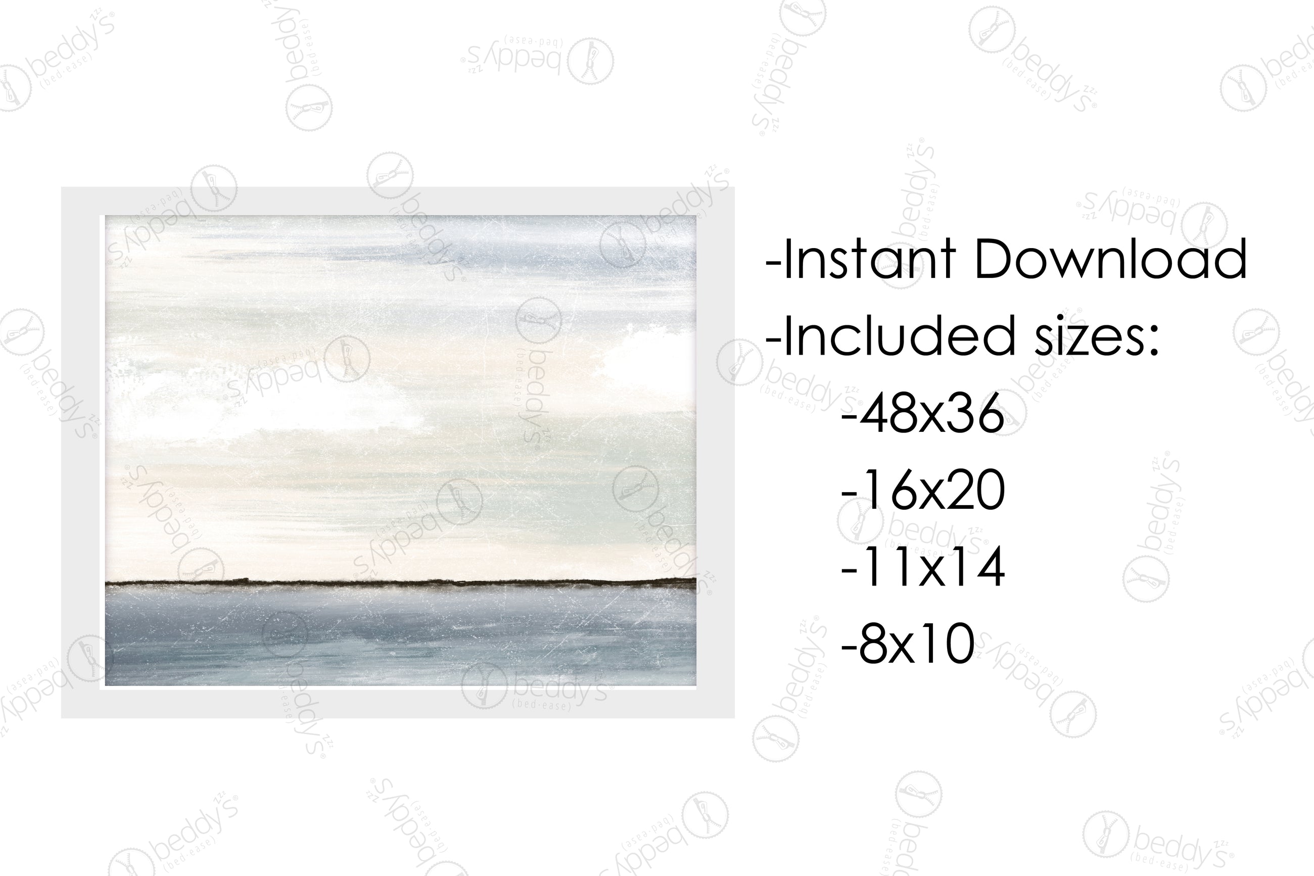 An infographic explaining the painted horizon digital artwork size dimensions and that it's an instant download.