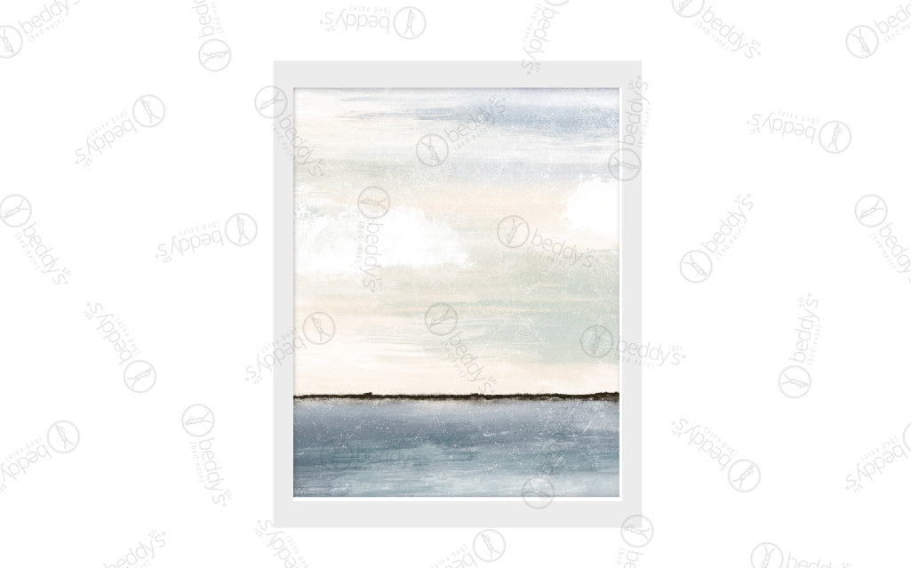 A blue painted horizon in portrait digital artwork showcased in a frame.