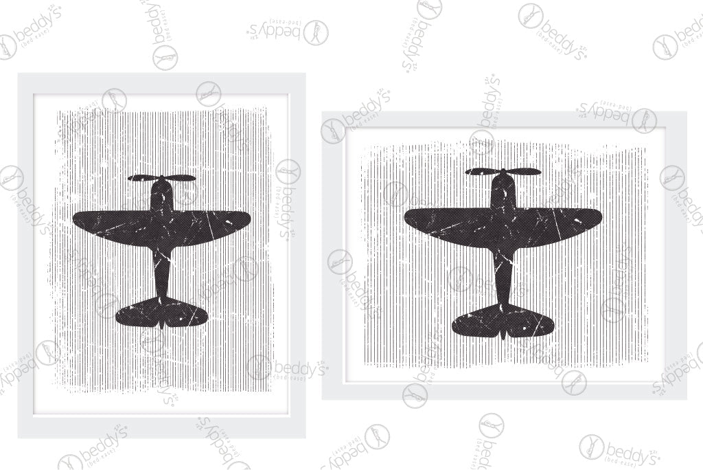 Two black silhouetted planes with gray striped backgrounds digital artworks showcased in frames.
