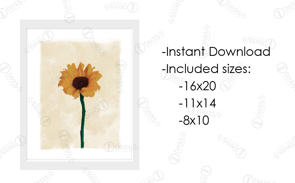An infographic explaining a painted sunflower digital artwork size dimensions and that it's an instant download.