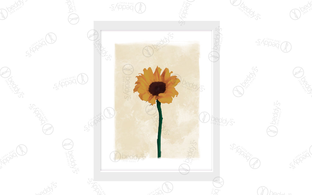 A painted sunflower with a tan background digital artwork showcased in a frame.