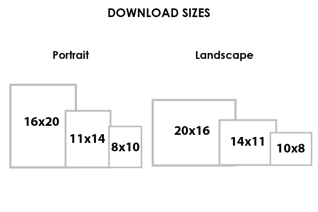 An infographic explaining digital artwork size dimensions for landscape and portrait options.