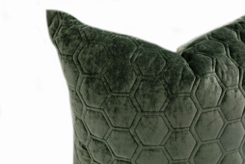 Close up of Green velvet hexagon pattern pillow