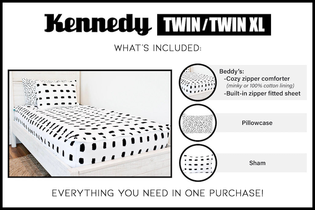 graphic showing twin/twin XL includes Beddy's comforter set, with coordinating pillowcase and sham
