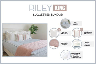 Graphic showing included pillows and blanket in bundle for king sized blue zipper bedding