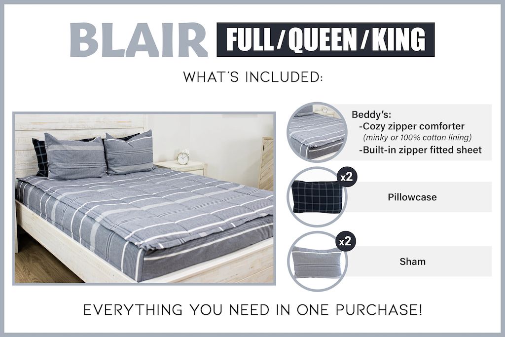Graphic showing full, queen and king include one Beddys comforter, two pillowcases and two shams