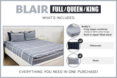 Graphic showing full, queen and king include one Beddys comforter, two pillowcases and two shams