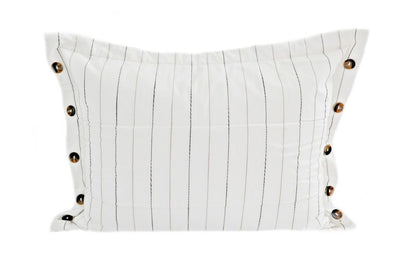 White sham pillow with vertical pin stripe design and brown buttons