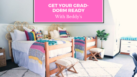 
      a girls dorm room decorated in vibrant colors, wit the beds made with zipper bedding.
    