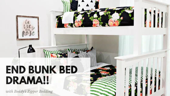 
      A bunk bed with both beds made with black zipper bedding with a text box reading "end bunk bed drama!"
    