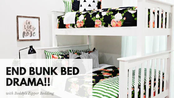 
      A bunk bed with both beds made with black zipper bedding with a text box reading "end bunk bed drama!"
    