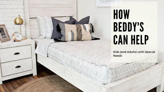 
      A twin bed made with neutral zipper bedding and a text box about how zipper bedding can help those with special needs.
    