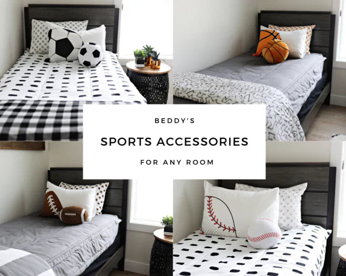 
      An infographic with sports themed bedding accessories on zipper beds.
    