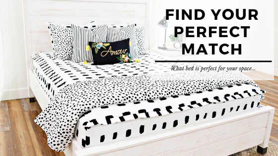 
      An infographic with a queen bed made with black and white zipper bedding and bedding accessories.
    