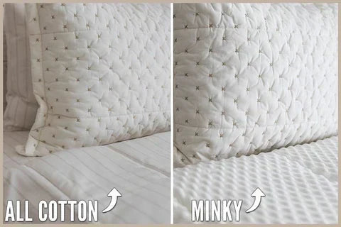 
      An infographic showcasing the two interiors of a cream embroidered zipper bedding with one being minky and the other being all cotton.
    