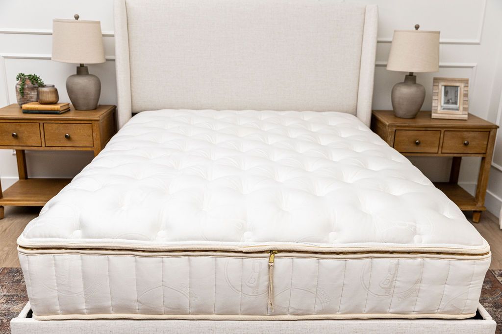 A zipper mattress on top of a bed frame with nightstands on both sides of the bed.