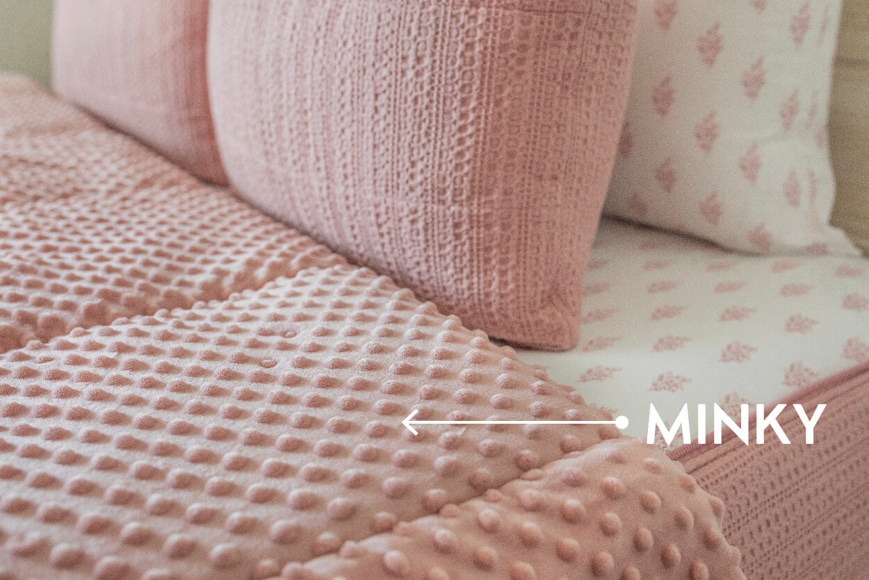 An infographic for minky lined beddy's sets, the top of a pink zipper bedding set unzipped and pulled back to show the pink minky lining insdie.