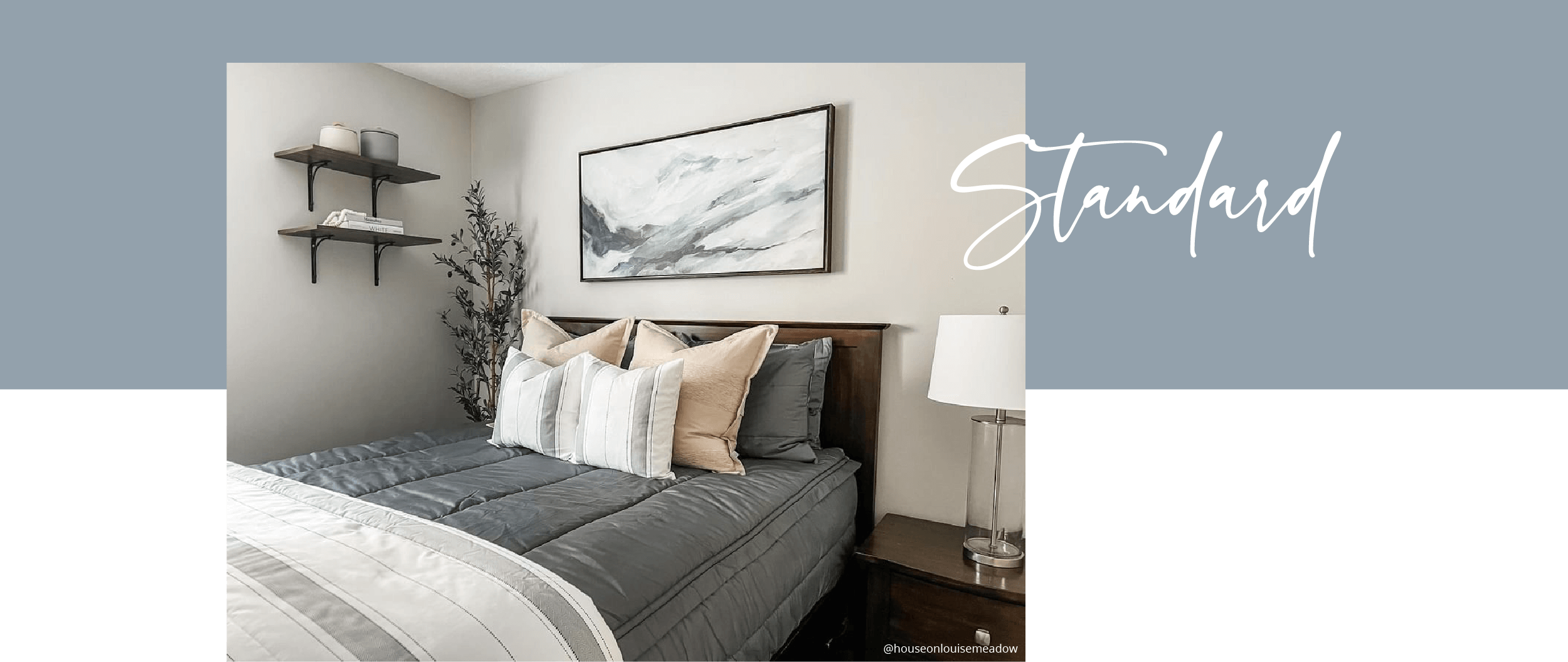 An infographic for standard level beddy's with a photo of a gray zipper bedding set on a guest room bed.
