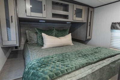 green zipper bedding in rv