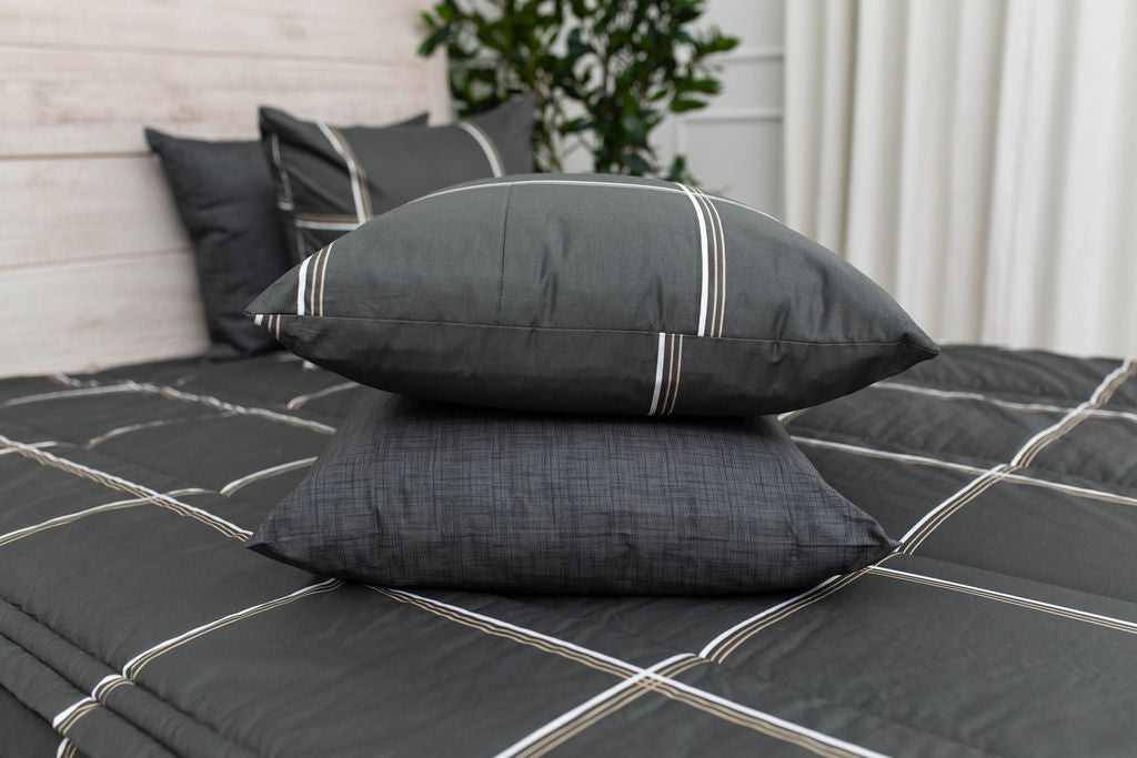 Charcoal with white and brown grid pattern bedding 