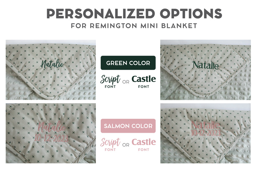 Graphic showing personalization options with different fonts and colors for green mini blanket. 