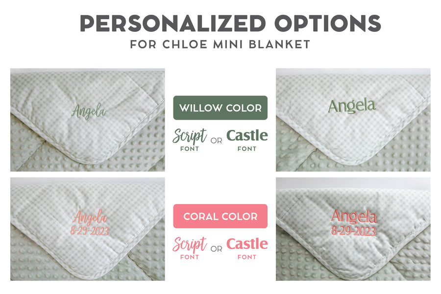 Graphic showing white and green mini blanket and different color or font embroidery options