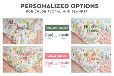 Graphic showing font and color options for custom embroidered mini blanket
