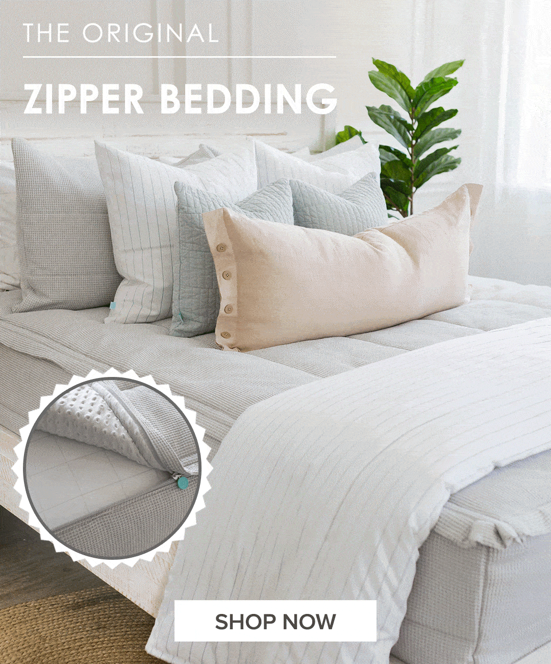 Animation showing functionality of cream Zipper bedding with matching pillow set