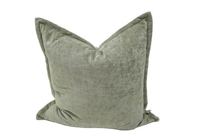 A sage green large velvet pillow on a white background.