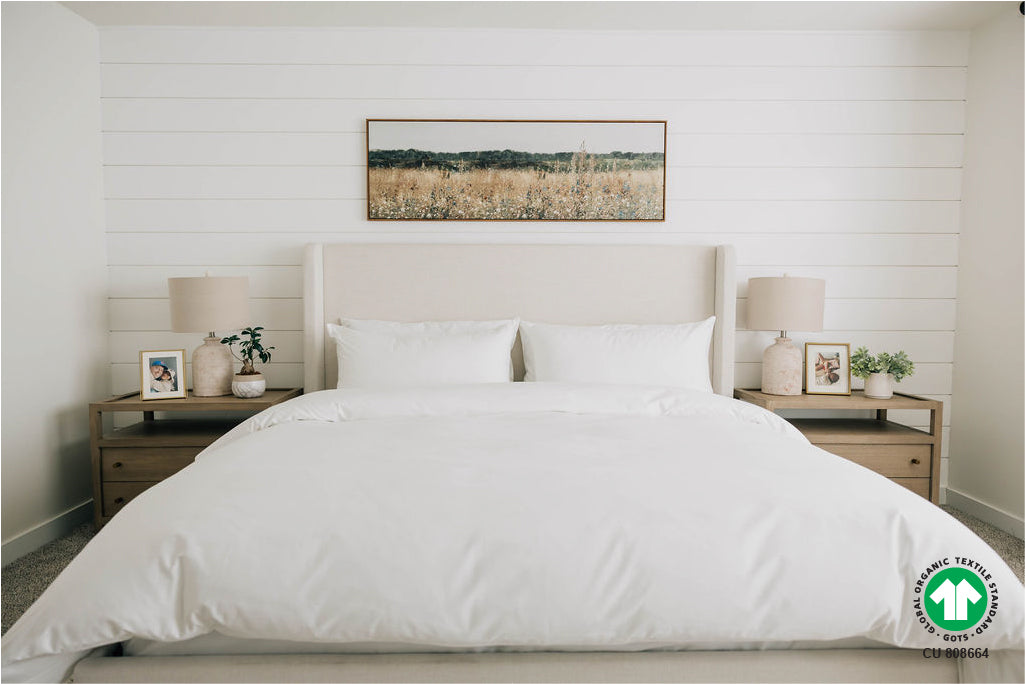 King bedroom with white organic sheet and comforter