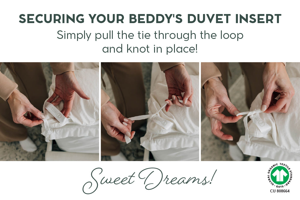 three photos showing woman tying organic duvet cover to duvet insert corners