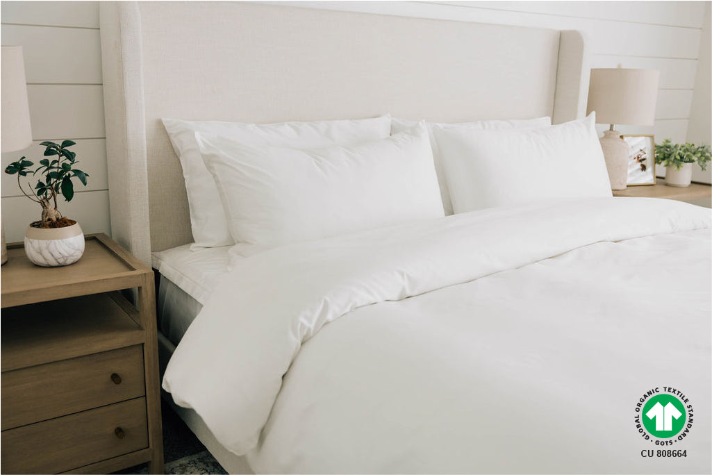 Organic zipper sheets on king bed with organic duvet